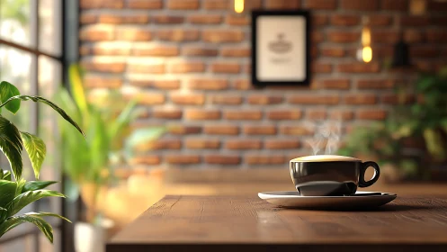 Steaming espresso on rustic wood table in warm loft café.