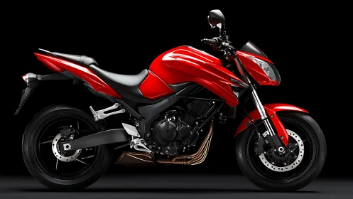 Red sport motorcycle stands in profile on black studio background