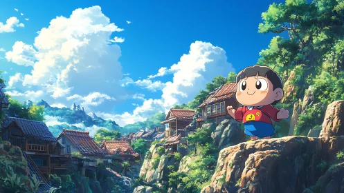 Cartoon child on cliff above traditional hillside village.