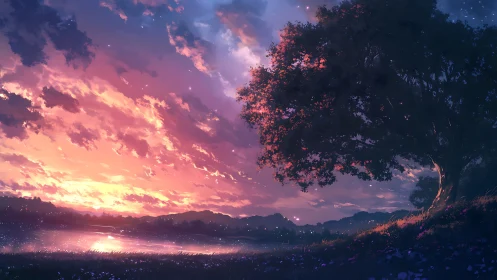 Radiant twilight sky glows above tranquil lakeside meadow.