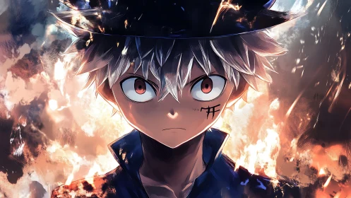 Determined anime boy stands amid blazing abstract firelight