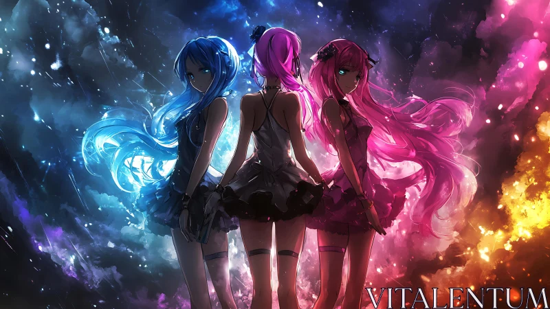 Triadic anime figures with spectral lighting and opposed color fields