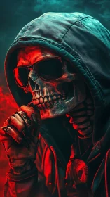 Hooded skeleton in sunglasses lit by red and teal smoke.