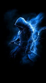 Spectral hooded warrior materializes in electric blue smoke