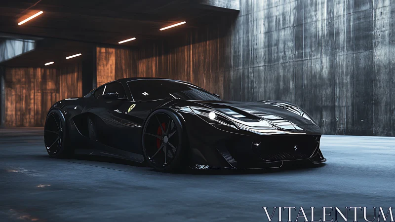 Low-slung black supercar rendered in high-gloss PBR lighting