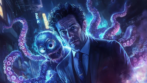 Noir detective with bioluminescent tentacle creature in alley