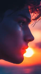 Pensive profile gazes into a neon-drenched ocean sunset