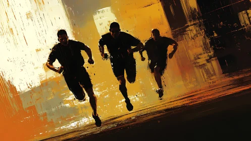 Dynamic runners silhouetted in high-contrast urban motion blur field