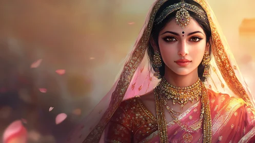 Regal Indian bride stands in ornate golden sunset light