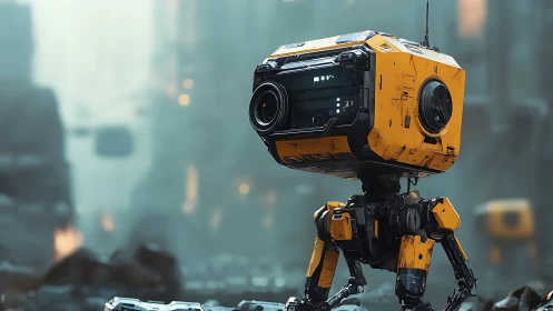 Boxy yellow scout robot surveys misty futuristic ruins.