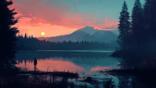 Spectral dusk over alpine lake with solitary human silhouette.