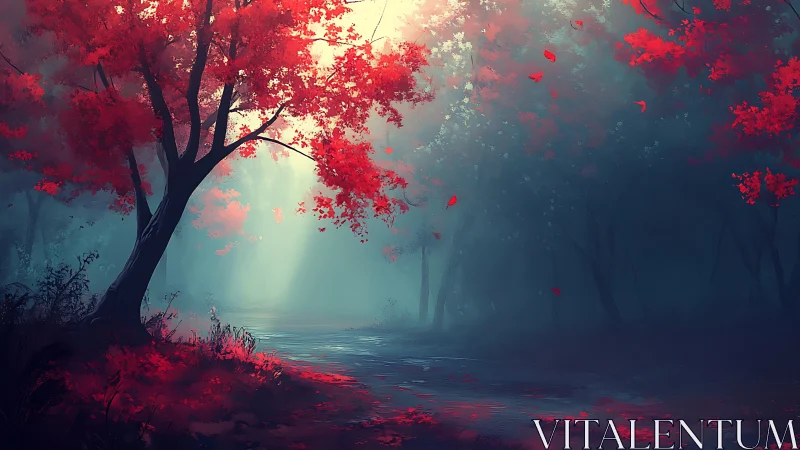 Crimson Canopy Over Misty Waters. Digital Rendering.