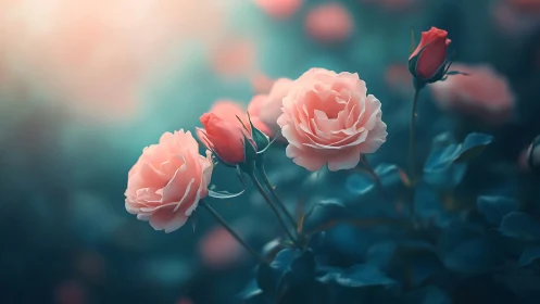 Peach Roses Blooming in Teal Reverie Dreaming.