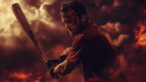 Bloodstained baseball player holding bat in fiery atmosphere.