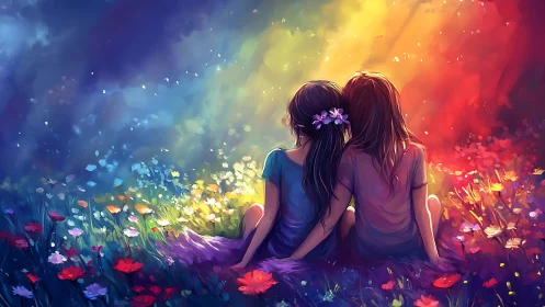 Two Friends Embrace in a Magical Rainbow Flower Field