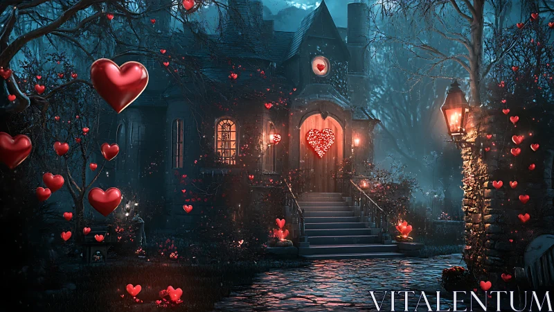 Gothic Manor Engulfed in Floating Red Hearts.