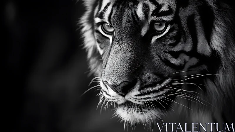 Soft gaze of a shadowed tiger in quiet monochrome focus.