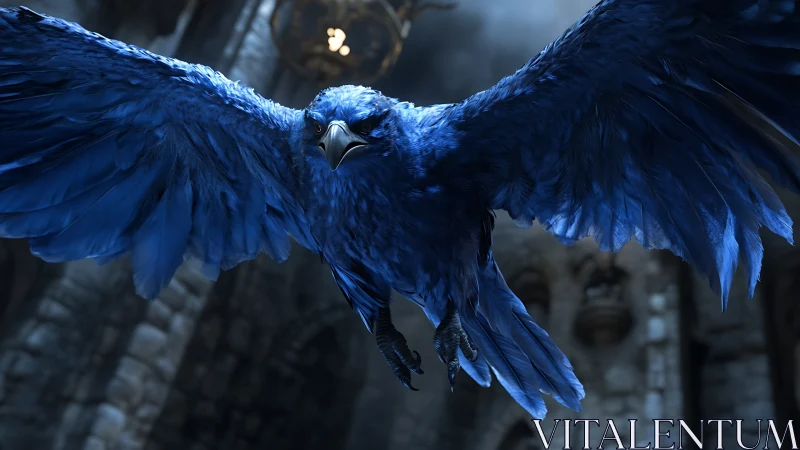 Photorealistic blue raven in mid-flight within stone vaults.