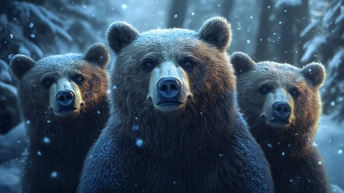 Triangular formation of brown bears in diffuse arctic backlight