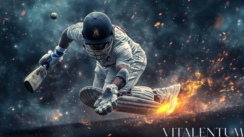 Cricket hero dives through sparks in a fiery, gripping play.