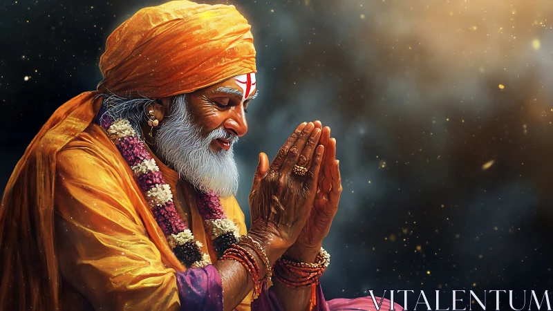 Elderly guru bows in radiant cosmic light of quiet devotion