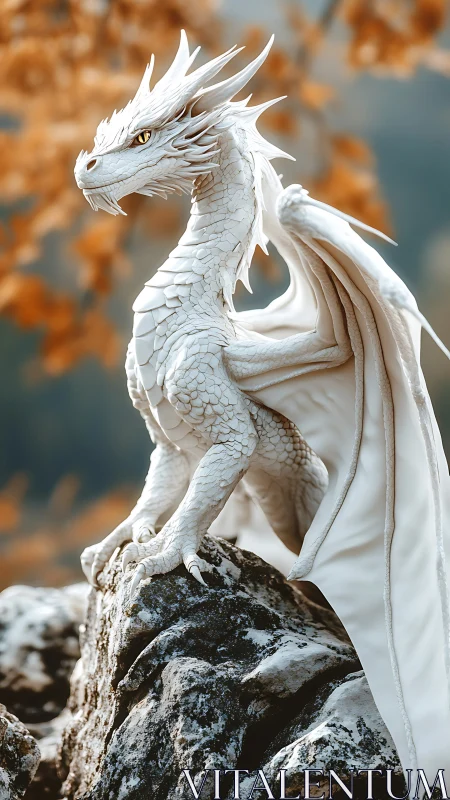 Majestic white dragon stands proudly on rugged cliffside rock.