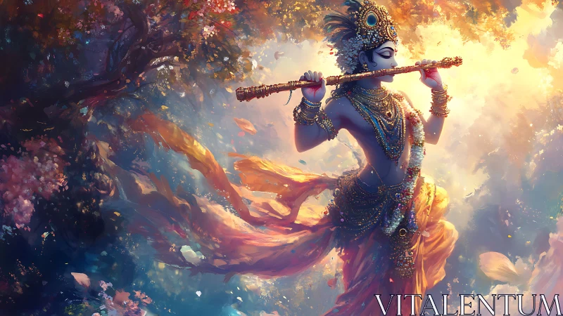 Flute-borne deity dancing through sunrise-swirled blossoms.