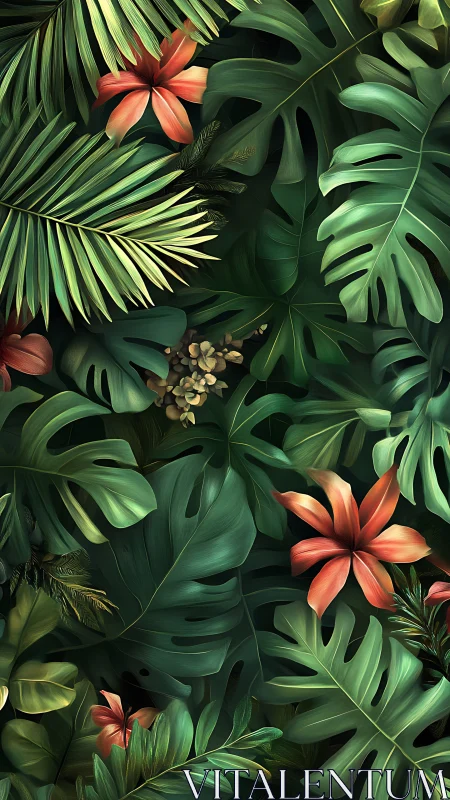 Lush jungle leaves and coral blooms in calming greenery.