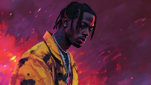 Digital portrait in neon chiaroscuro with dynamic brushwork focus.