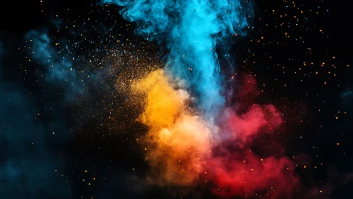 Colored powder plumes intersect against a black backdrop