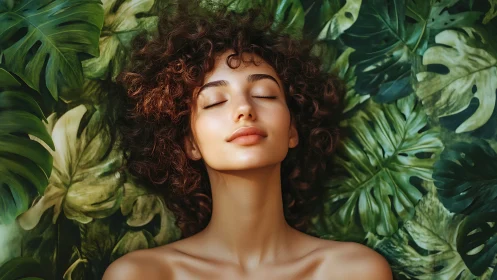 Photorealistic portrait within dense tropical foliage matrix.