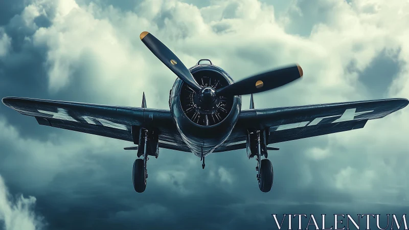 Vintage propeller fighter plane flies toward viewer through clouds