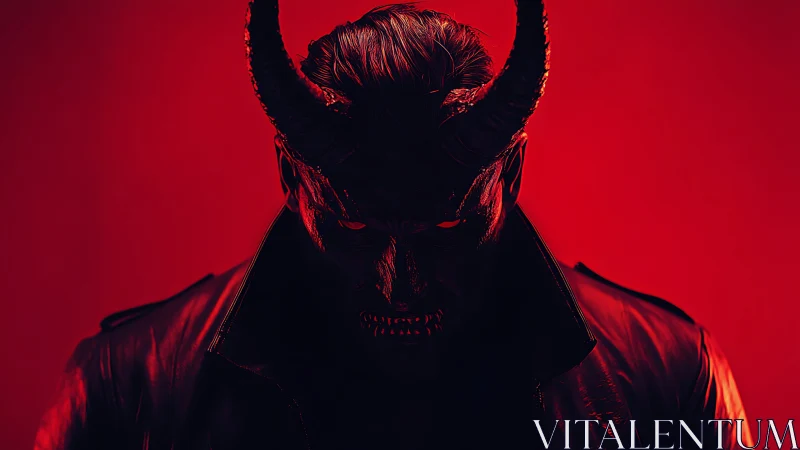Demonic horned figure in red monochrome cinematic lighting.