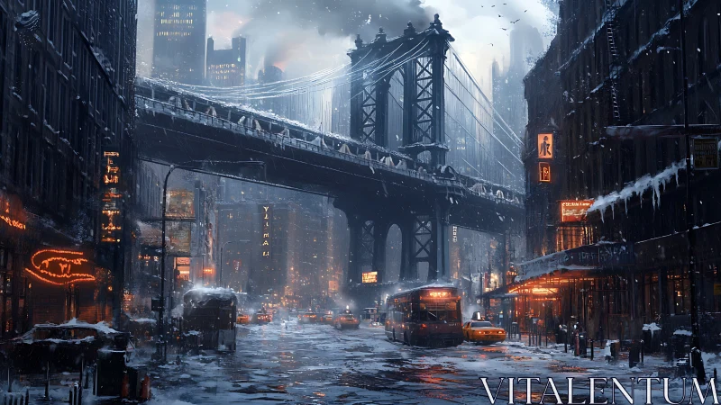 Snow-laden bridge corridor spans neon-lit winter urban street