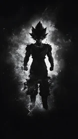Monochrome energy silhouette of spiky-haired anime warrior.