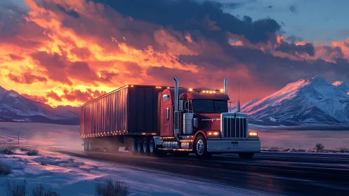 Red semi truck powers through icy highway under fire sky.