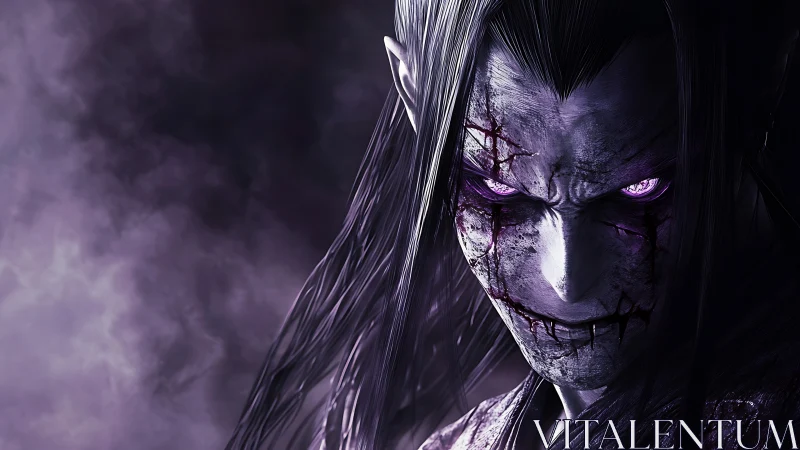 Sinister purple-eyed undead warrior with scarred face