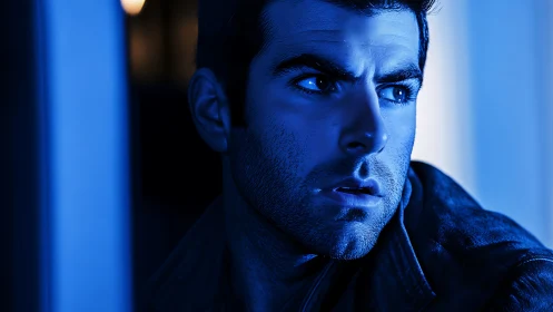 Intense blue portrait of man in dramatic side lighting.