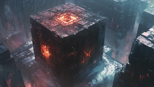 Volcanic data monolith suspended in glacial megastructure.