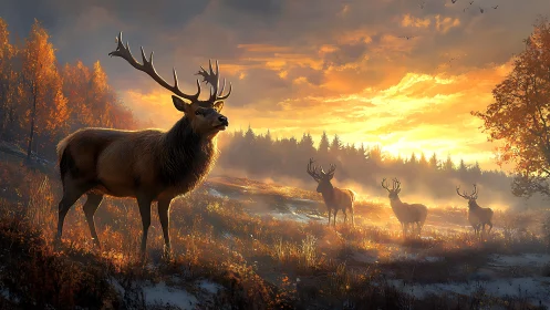 Cervid herd in volumetric autumn sunrise backlighting field.
