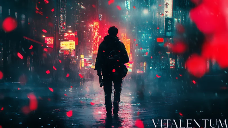 Lone figure walks through neon lit rainy city street at night