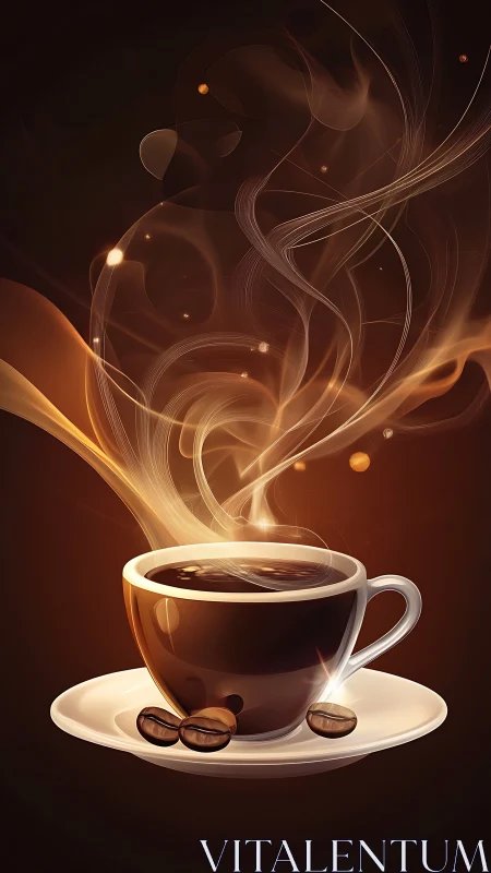 Steaming coffee cup emits swirling luminous aroma trails
