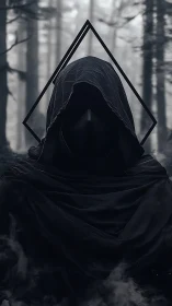 Hooded void figure shrouded in smoke within misted forest.