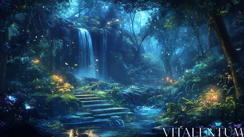 Bioluminescent Forest Cascade: Luminous Woodland Sanctuary.