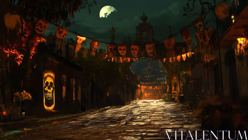 Moonlit Día de Muertos street glows with spectral warmth.