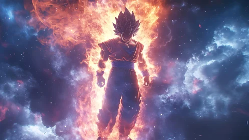 Saiyan warrior silhouette engulfed in cosmic fire aura.