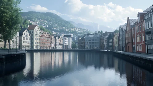 Canal-side Nordic waterfront with high-fidelity atmospheric rendering.