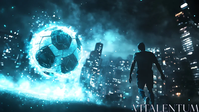 Neon soccer ball explodes with energy over night city pitch.