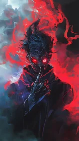 Masked humanoid figure with red energy and raised finger.