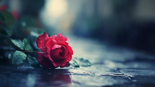 Single wet red rose lies on a reflective stone surface